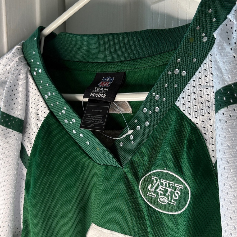 Ladies NFL Jets #6  Reebok Green & White Bling Jersey V-Neck Stones XXL